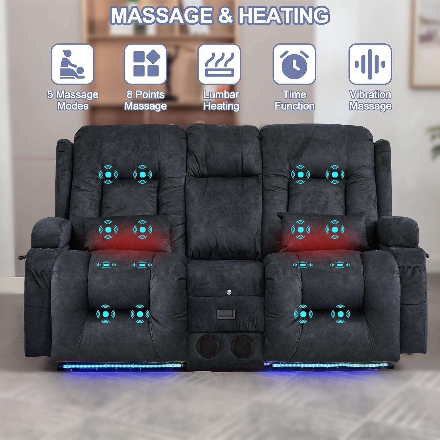 Power Loveseat Recliner Sofa with Massage & Heat (Velvet, Grey) - Loft&Timber