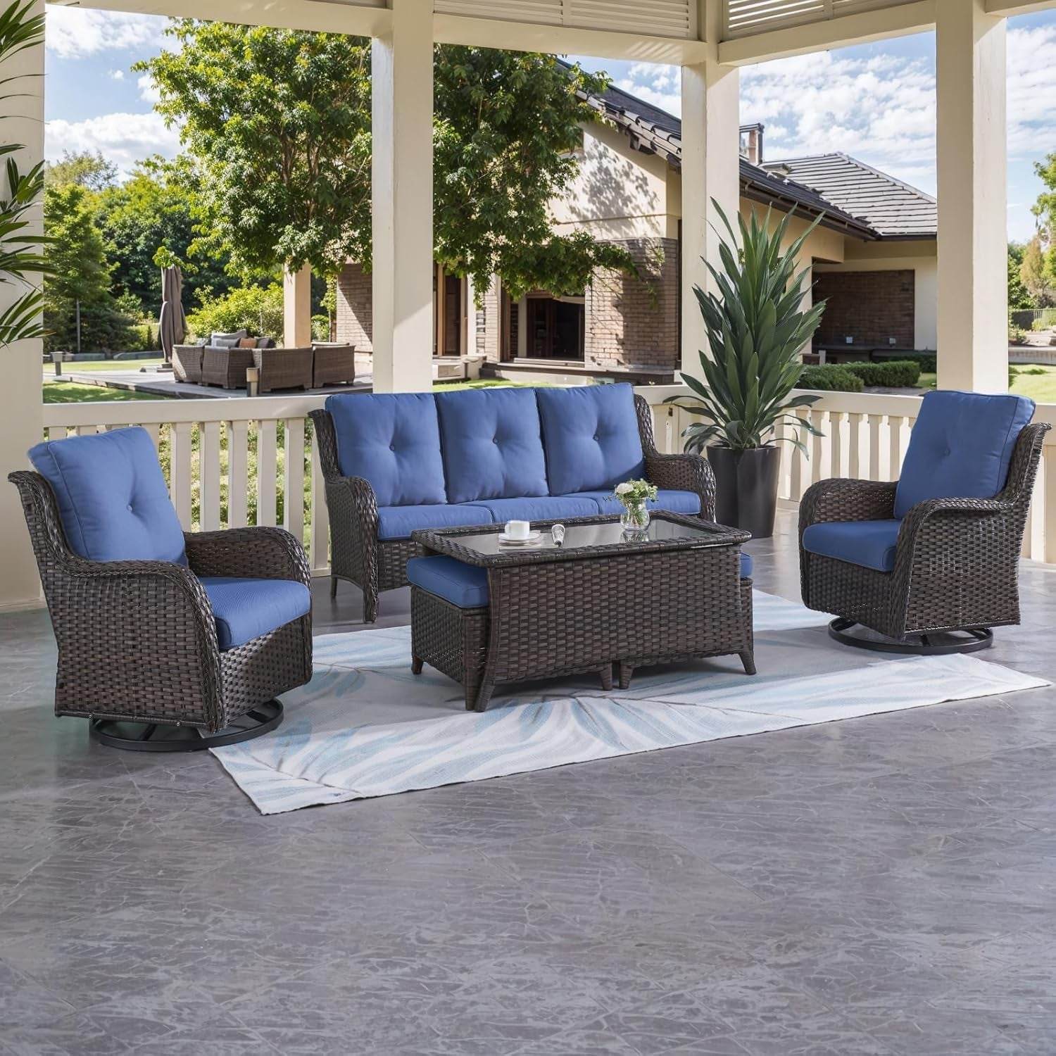 Patio Furniture 6 Pieces Outdoor Furniture Set Wicker Outdoor Sectional Sofa with Swivel Rocking Chairs,Patio Ottomans,Patio Coffee Table - Loft&Timber
