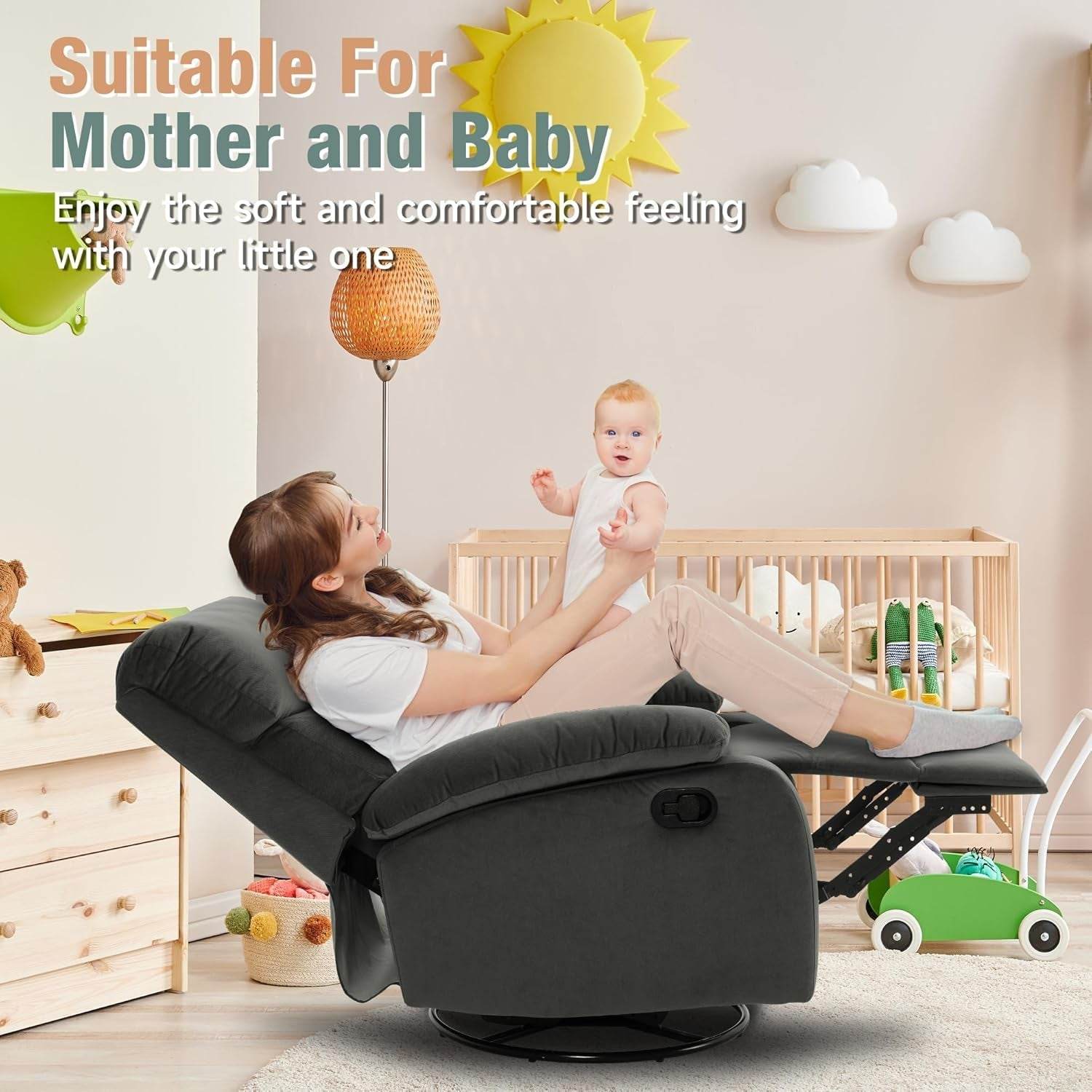 Swivel Rocker Recliner for Adults, Rocking Small Recliner Chair for Small Spaces, Small Rocker Recliner Chair for Living Room, RV, Nursery, Bedroom, Grey - Loft&Timber