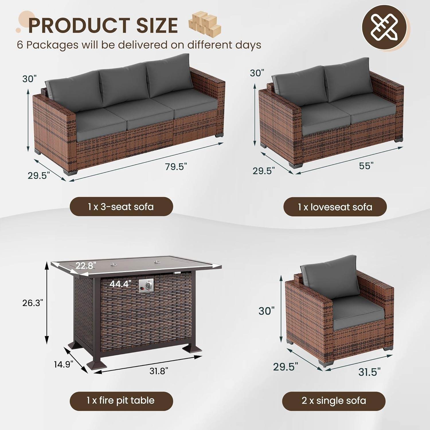 Patio Furniture Set with Fire Pit Table, 5 Pieces Outdoor Furniture Sets, Wicker Patio Conversation Sets W/Waterproof Covers for Backyard, Porch, Balcony, Poolside(Grey) - Loft&Timber