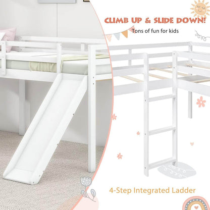Wooden Twin Size Double Loft Bed with Slide and Ladder, L-Shaped Bed Frame with Full-Length Guardrail, Wood Bedframe for Kids Teens Adults Bedroom, 2 Twin Beds,White - Loft&Timber