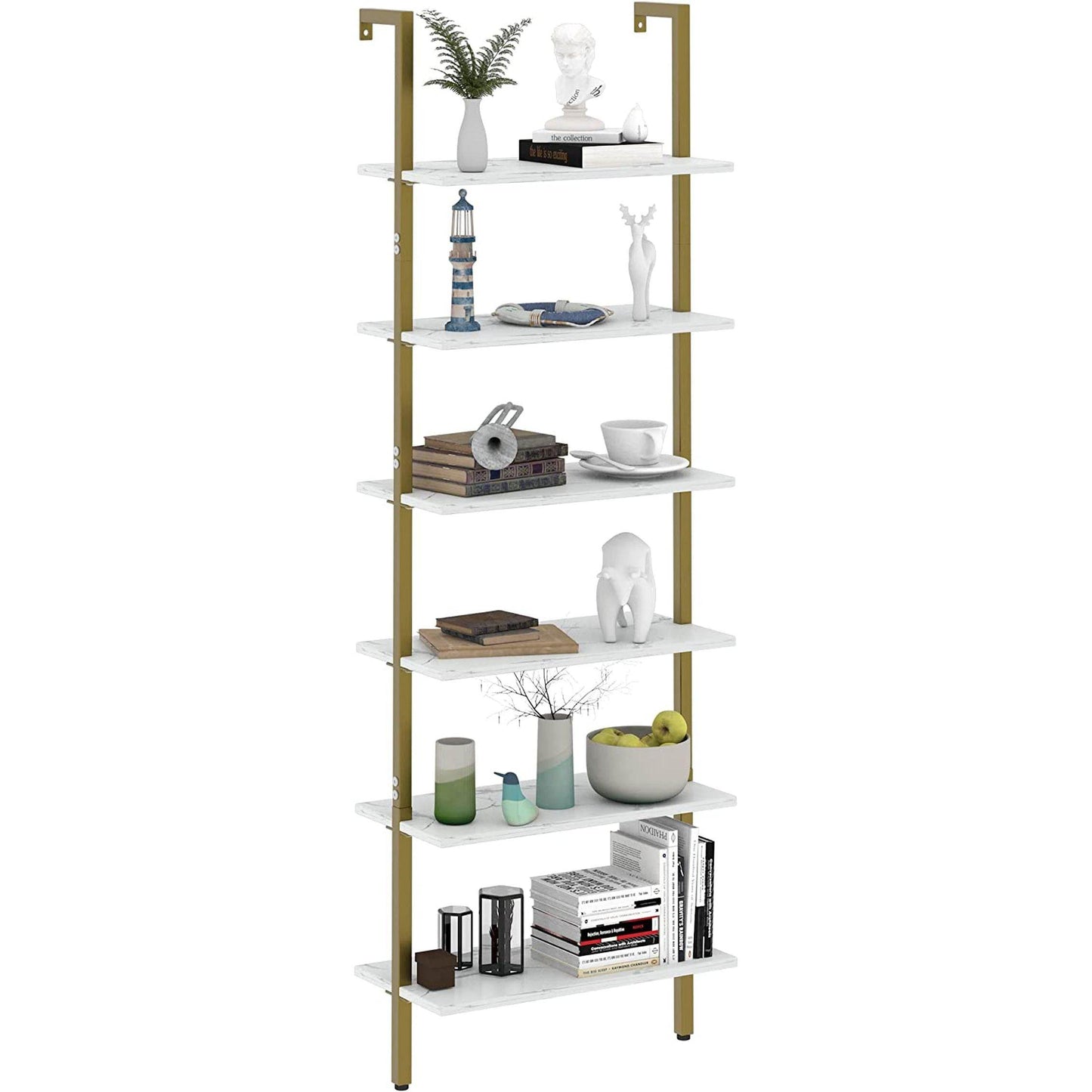Marble White 6-Tier Ladder Shelf Bookcase - Loft&Timber