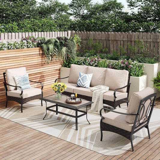 Outdoor Modern Patio Furniture Set, Upgraded Wicker&Metal Patio Furniture Conversation Set with Waterproof Thick Cushions for Porch, Poolside, Deck, and Yard (4 Pieces,Beige) - Loft&Timber