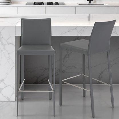Set of Two 30" Gray Faux Leather and Steel Bar Height Bar Chairs - Loft&Timber