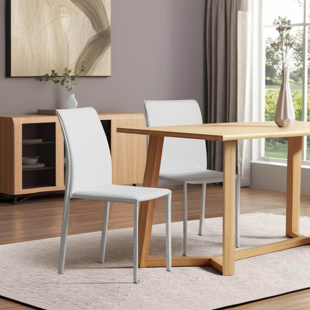 Set of Two White Upholstered Leather Dining Side Chairs - Loft&Timber