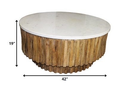 42" Ivory and Natural Genuine Marble and Solid Wood Round Solid Coffee Table - Loft&Timber