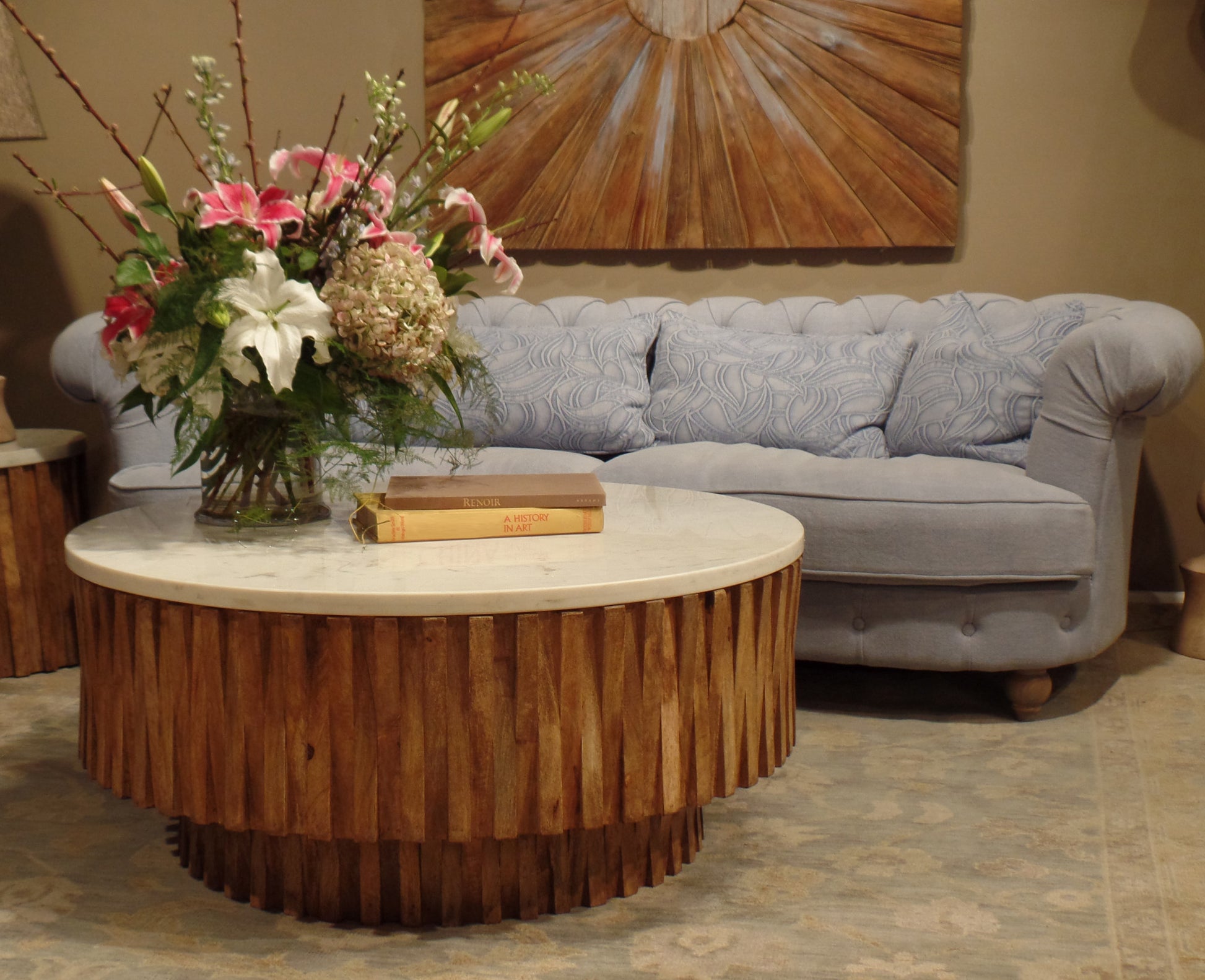 42" Ivory and Natural Genuine Marble and Solid Wood Round Solid Coffee Table - Loft&Timber