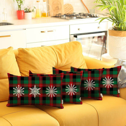 Set of 4 Christmas Snowflake Trio Plaid Lumbar Throw Pillows - Loft&Timber