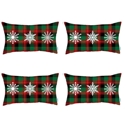 Set of 4 Christmas Snowflake Trio Plaid Lumbar Throw Pillows - Loft&Timber