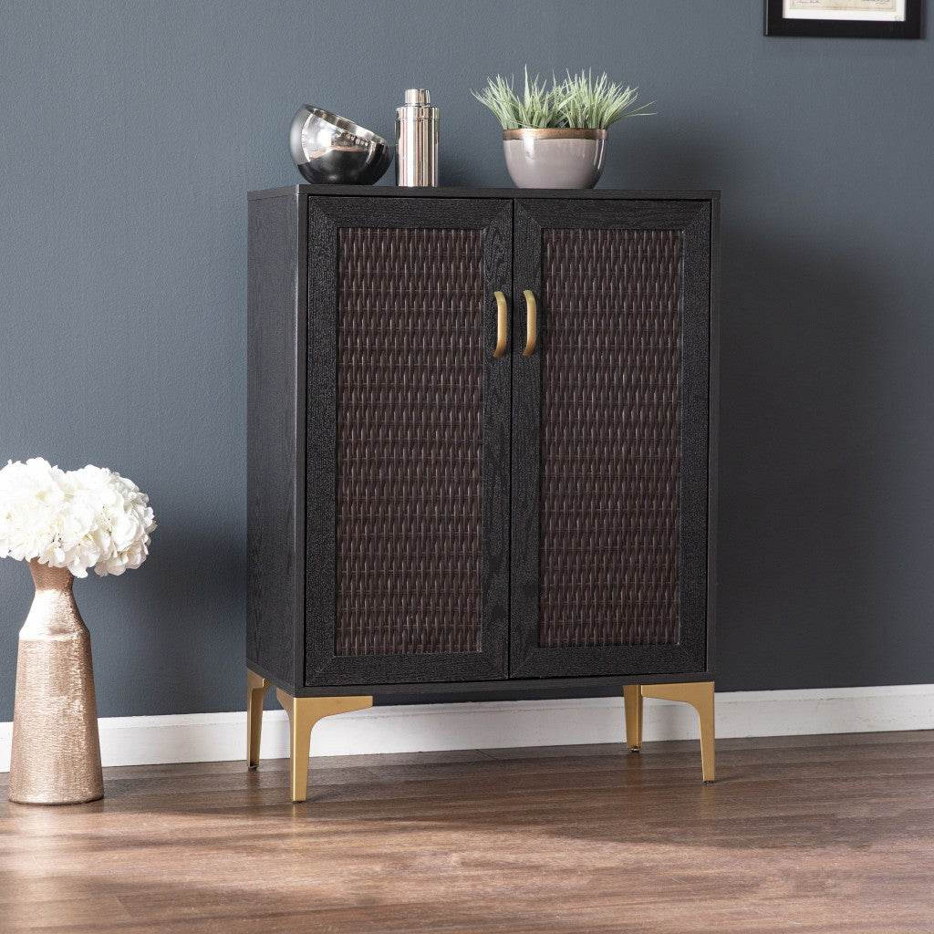 Modern Rustic Black Gold and Faux Rattan Bar Cabinet - Loft&Timber