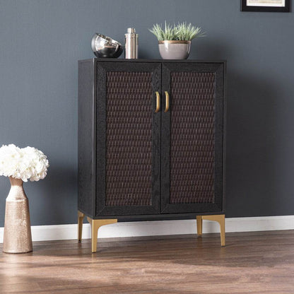Modern Rustic Black Gold and Faux Rattan Bar Cabinet - Loft&Timber