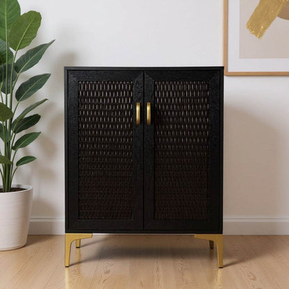 Modern Rustic Black Gold and Faux Rattan Bar Cabinet - Loft&Timber