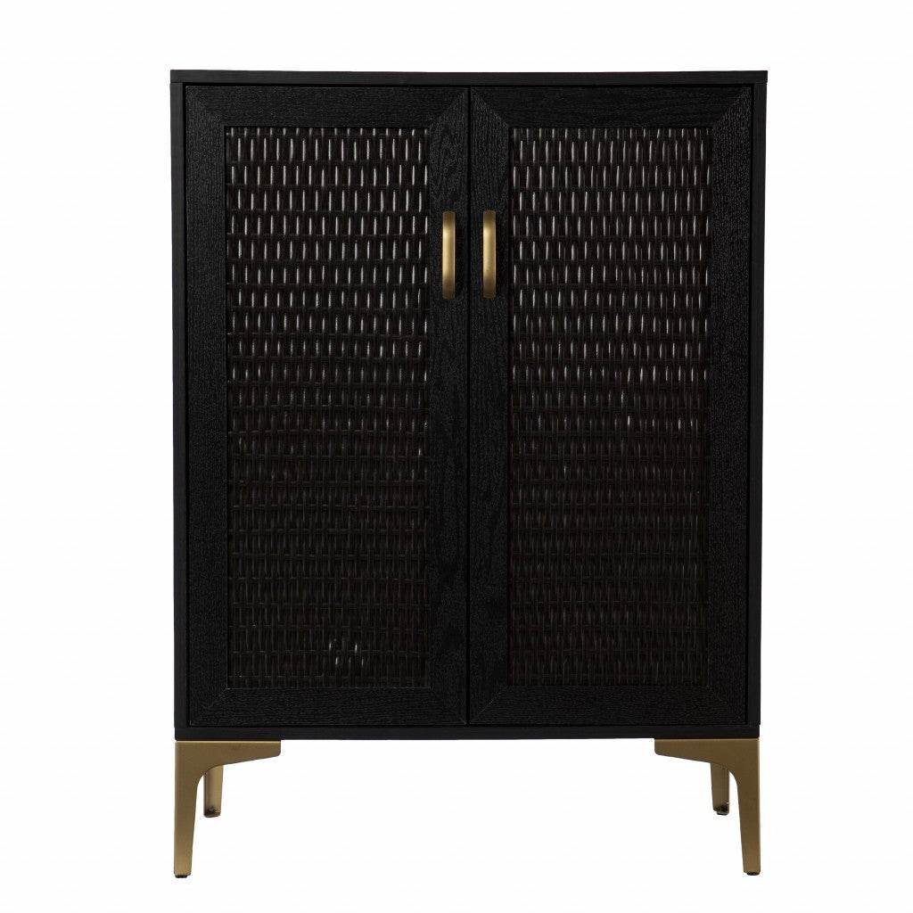 Modern Rustic Black Gold and Faux Rattan Bar Cabinet - Loft&Timber