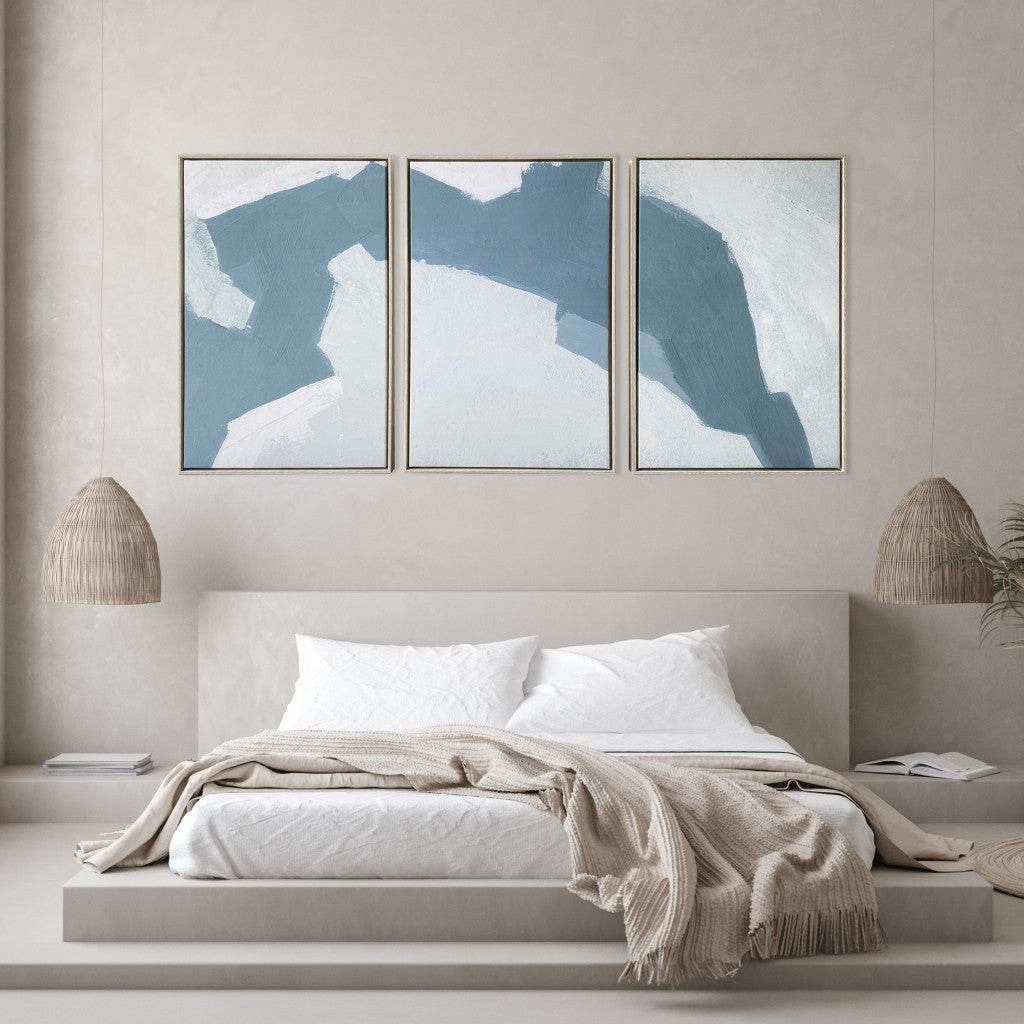 Set Of Three Blues and Grays Abstract Framed Canvas Wall Art Floater Frame Graphic Art Wall Art - Loft&Timber