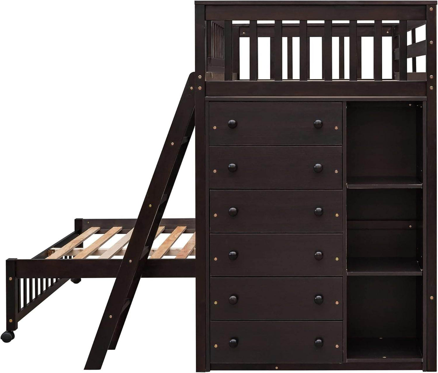 Twin over Full Bunk Bed with Storage, Solid Wood Bunk Bed with 6 Drawers and 3 Flexible Shelves, Twin Loft Bed with Movable Lower Bed, Bottom Bed with Wheels, for Kids Teens Adults (Espresso) - Loft&Timber