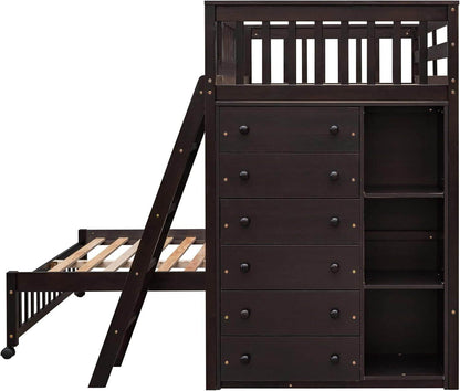 Twin over Full Bunk Bed with Storage, Solid Wood Bunk Bed with 6 Drawers and 3 Flexible Shelves, Twin Loft Bed with Movable Lower Bed, Bottom Bed with Wheels, for Kids Teens Adults (Espresso) - Loft&Timber