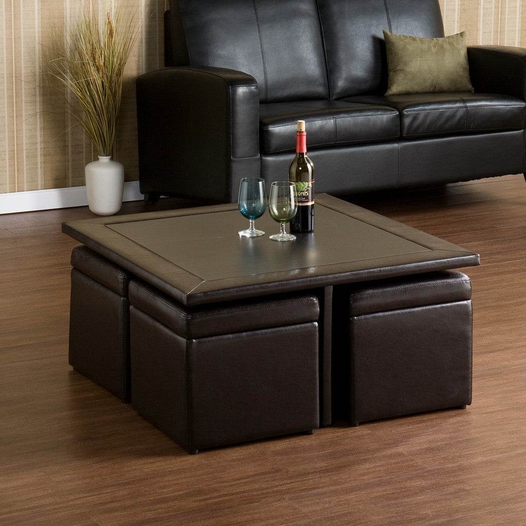 Five Piece Dark Brown Faux Leather Coffee Table and Storage Ottoman Set - Loft&Timber