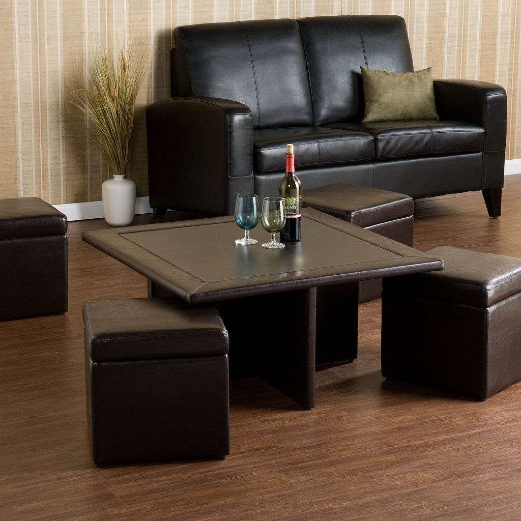 Five Piece Dark Brown Faux Leather Coffee Table and Storage Ottoman Set - Loft&Timber