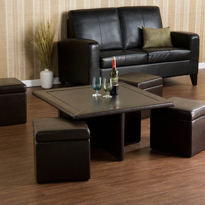 Five Piece Dark Brown Faux Leather Coffee Table and Storage Ottoman Set - Loft&Timber