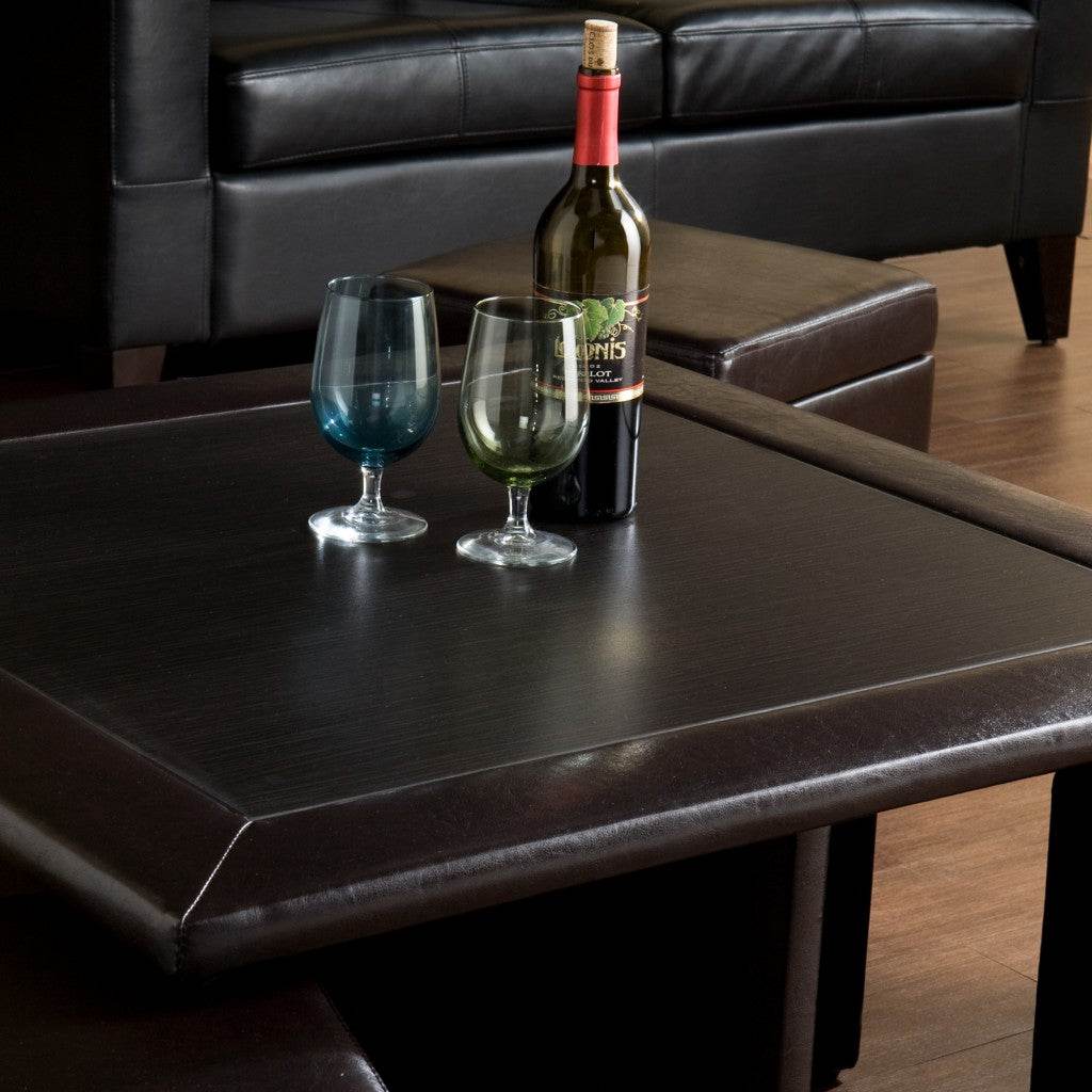 Five Piece Dark Brown Faux Leather Coffee Table and Storage Ottoman Set - Loft&Timber