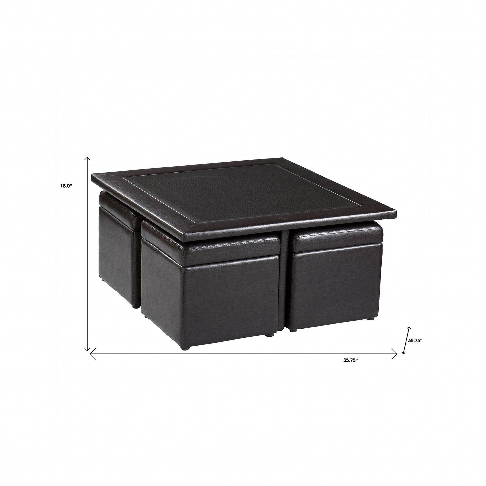 Five Piece Dark Brown Faux Leather Coffee Table and Storage Ottoman Set - Loft&Timber