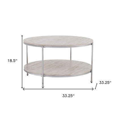 33" Chrome Faux Marble And Metal Round Coffee Table - Loft&Timber
