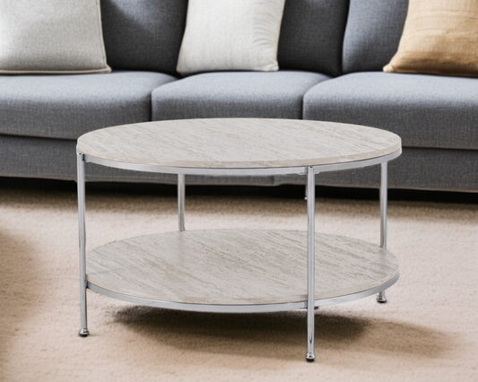 33" Chrome Faux Marble And Metal Round Coffee Table - Loft&Timber