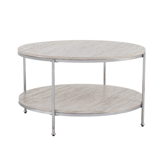 33" Chrome Faux Marble And Metal Round Coffee Table - Loft&Timber