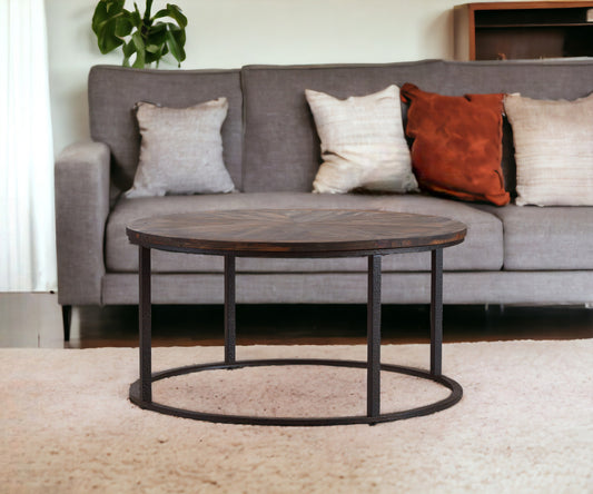 36" Natural And Brown Reclaimed Wood And Metal Round Coffee Table - Loft&Timber