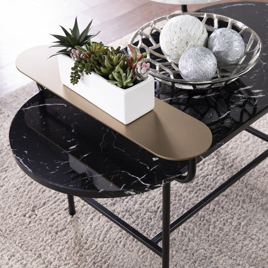 42" Black Faux Marble And Metal With Iron Coffee Table - Loft&Timber