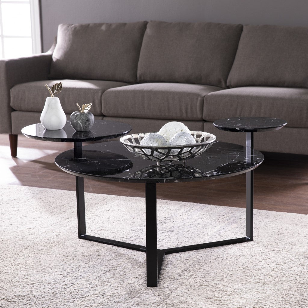 43" Black Faux Marble And Metal With Iron Round Coffee Table - Loft&Timber