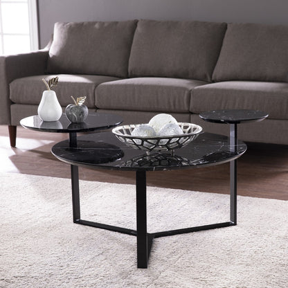 43" Black Faux Marble And Metal With Iron Round Coffee Table - Loft&Timber