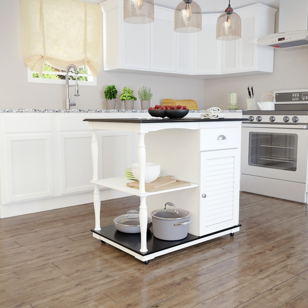 Black and White and Black 39" Rolling Kitchen Island With Storage - Loft&Timber