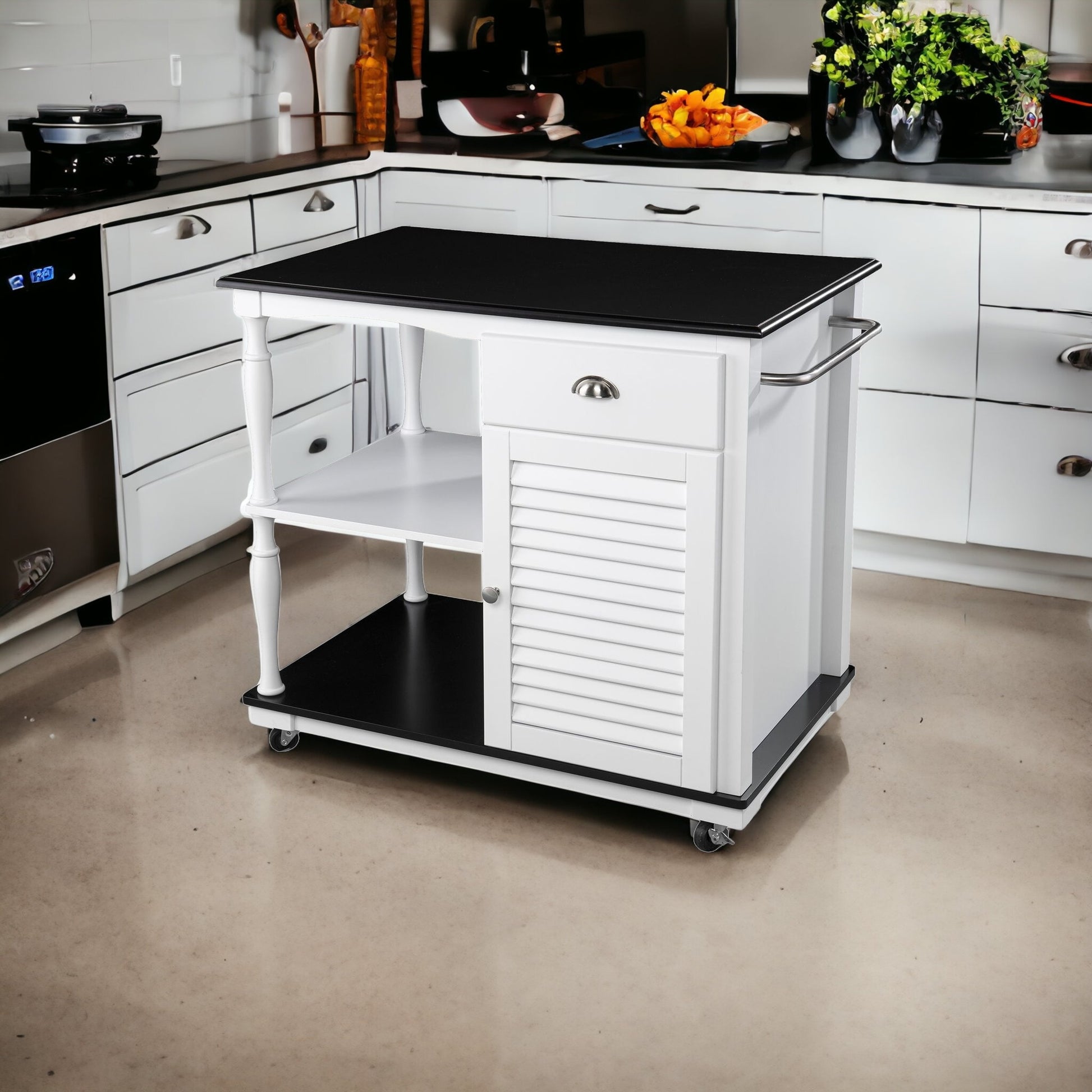 Black and White and Black 39" Rolling Kitchen Island With Storage - Loft&Timber