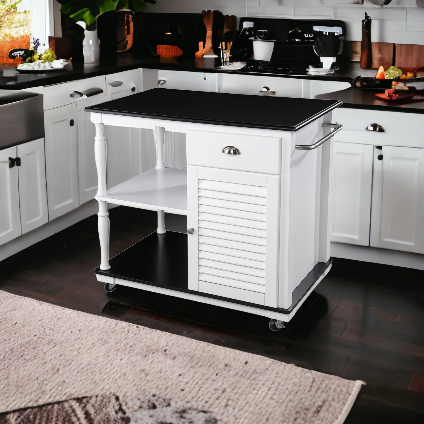 Black and White and Black 39" Rolling Kitchen Island With Storage - Loft&Timber