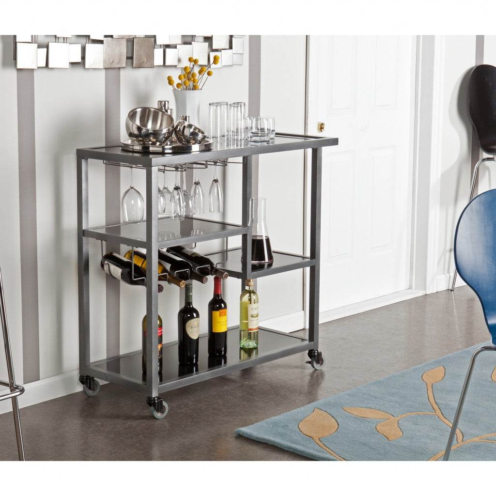 Black and Gray Glass Rolling Bar Cart With Wine Storage - Loft&Timber