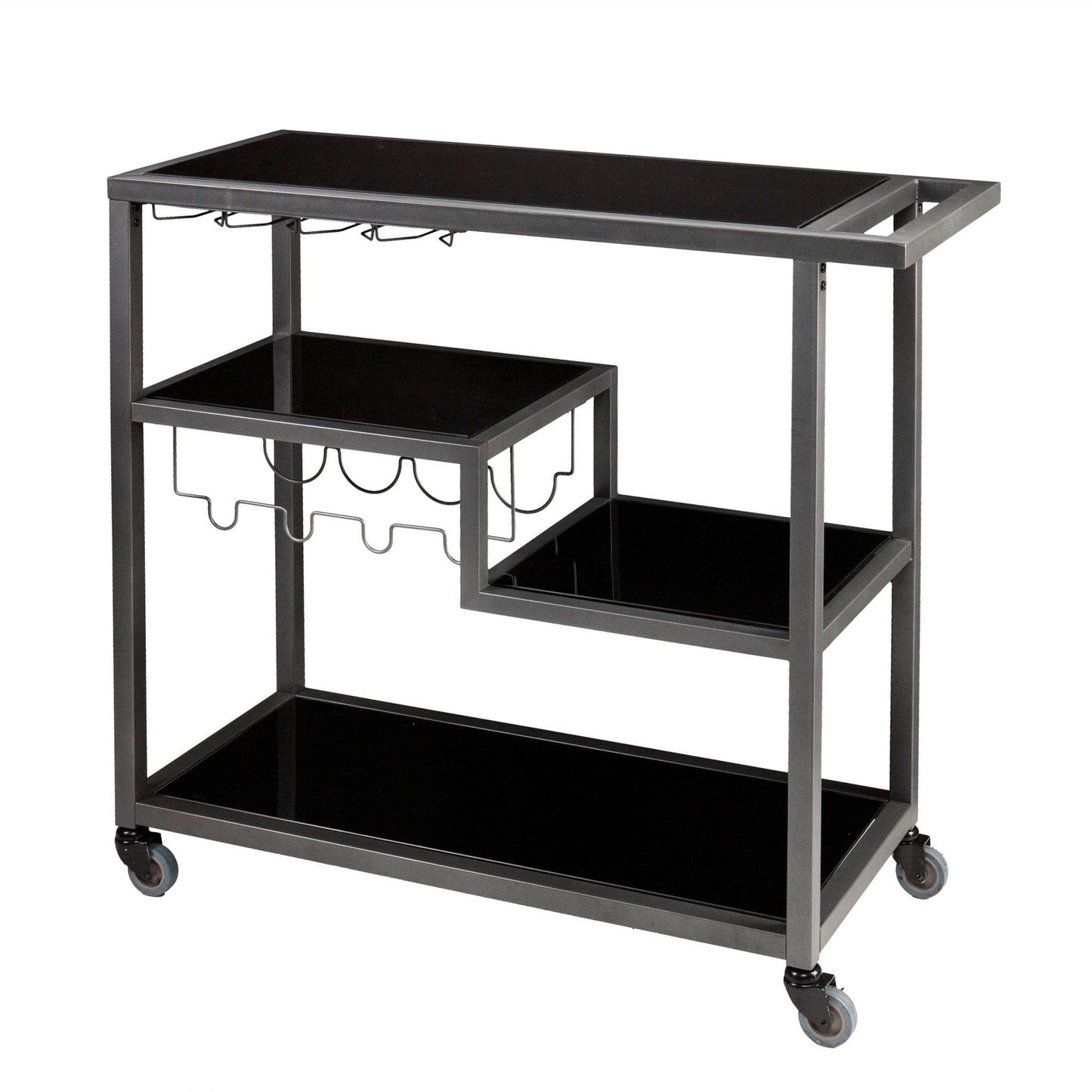 Black and Gray Glass Rolling Bar Cart With Wine Storage - Loft&Timber