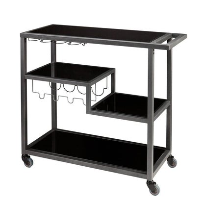 Black and Gray Glass Rolling Bar Cart With Wine Storage - Loft&Timber
