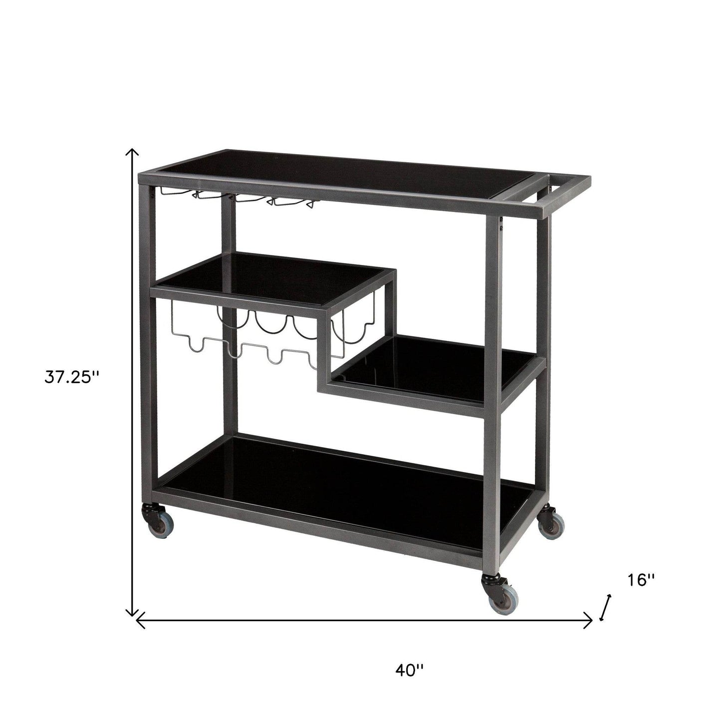 Black and Gray Glass Rolling Bar Cart With Wine Storage - Loft&Timber