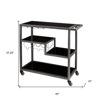 Black and Gray Glass Rolling Bar Cart With Wine Storage - Loft&Timber
