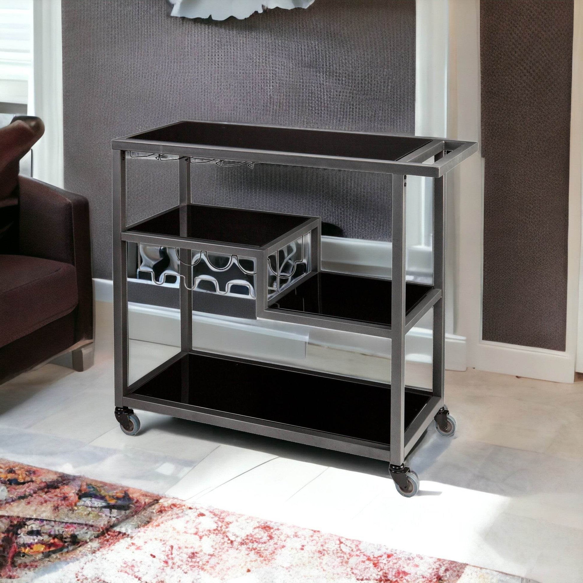 Black and Gray Glass Rolling Bar Cart With Wine Storage - Loft&Timber
