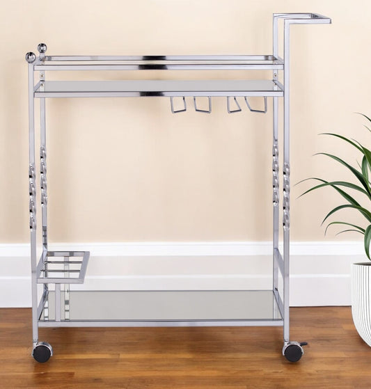 29" Silver Metal and Mirrored Glass Rolling Bar Cart With Wine Storage - Loft&Timber