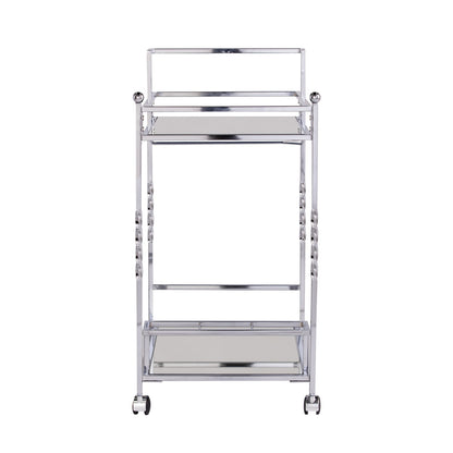29" Silver Metal and Mirrored Glass Rolling Bar Cart With Wine Storage - Loft&Timber
