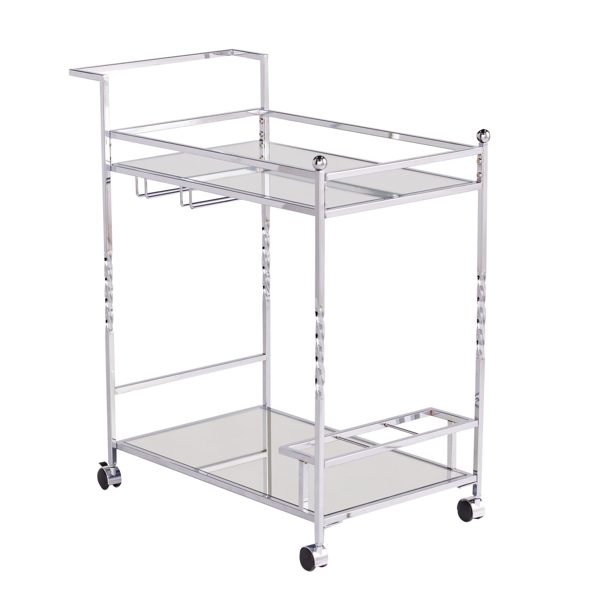 29" Silver Metal and Mirrored Glass Rolling Bar Cart With Wine Storage - Loft&Timber