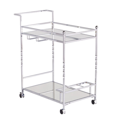 29" Silver Metal and Mirrored Glass Rolling Bar Cart With Wine Storage - Loft&Timber