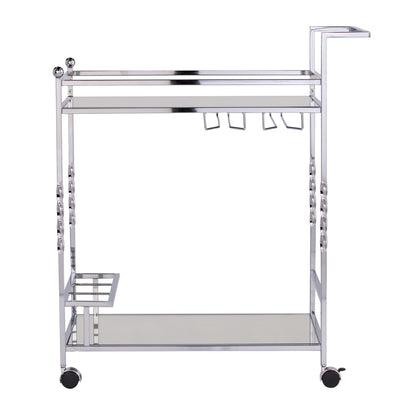 29" Silver Metal and Mirrored Glass Rolling Bar Cart With Wine Storage - Loft&Timber