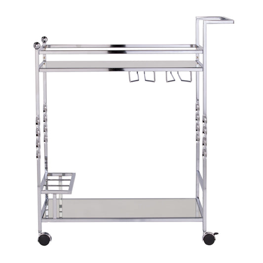 29" Silver Metal and Mirrored Glass Rolling Bar Cart With Wine Storage - Loft&Timber