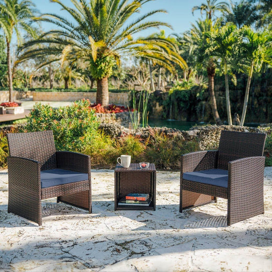 Wicker Outdoor Furniture Set - 3 Piece Patio Bistro Set (Brown/Navy) - Loft&Timber
