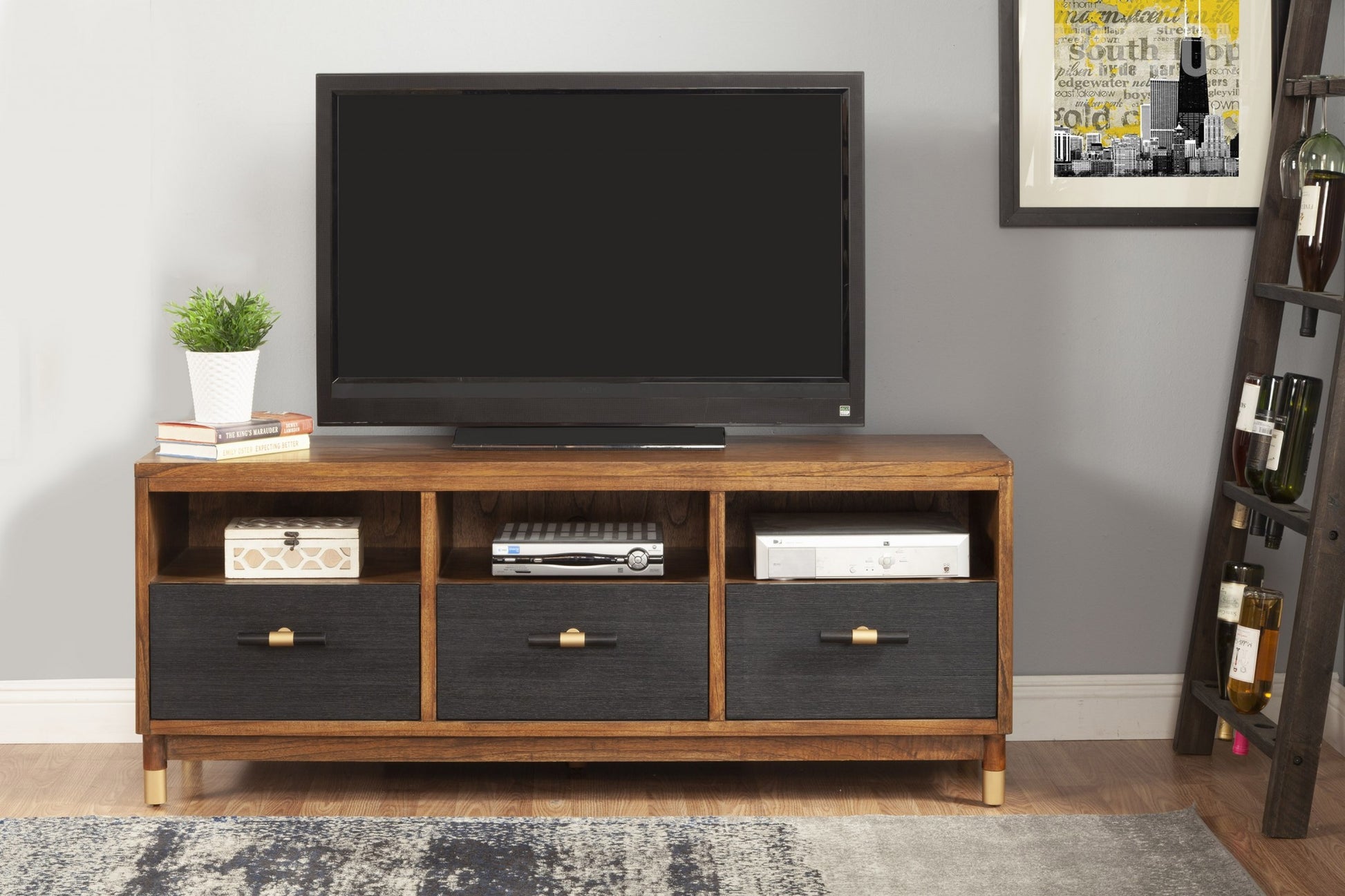 61" Brown and Black Solid Wood Open Shelving TV Stand-5