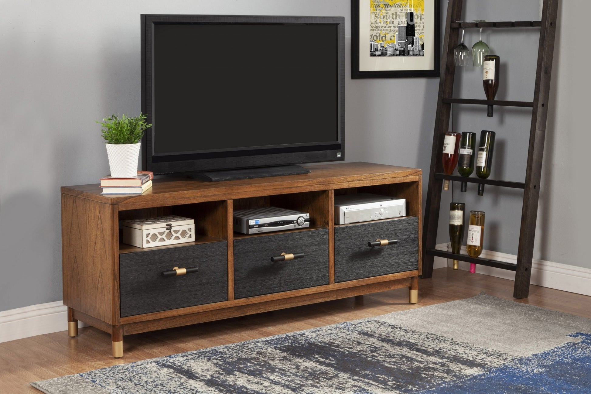61" Brown and Black Solid Wood Open Shelving TV Stand-6